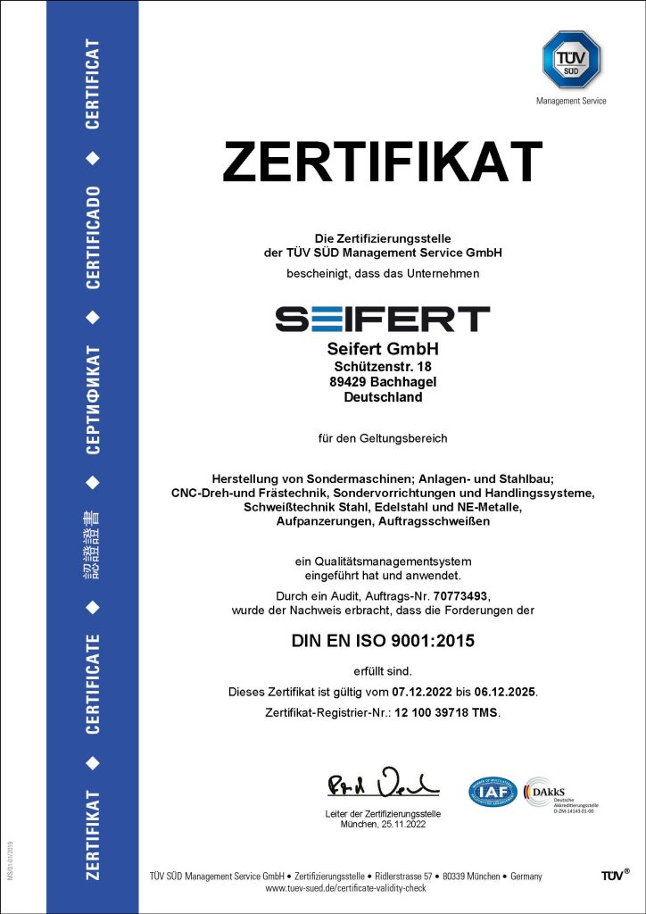 ISO 9001:2015 Qualitätsmanagement-Zertifikat der TÜV SÜD für die Seifert GmbH – gültig bis 2025
